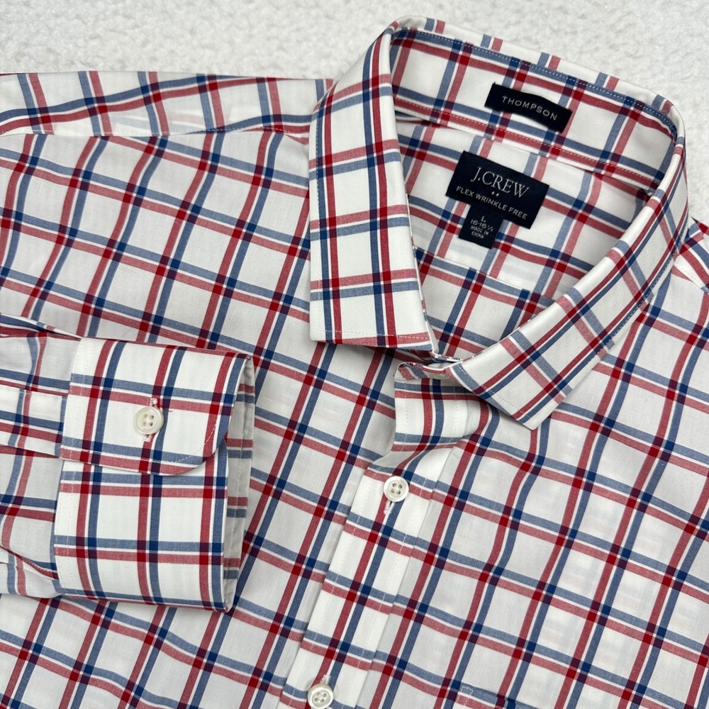 J. Crew Thompson Flex Wrinkle Free Shirt Mens L Red White Blue Box Plaid Preppy